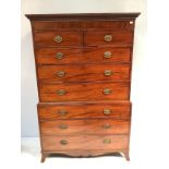 A George III mahogany chest on chest, with Ogee moulded cornice, above a band of dentil moulding,
