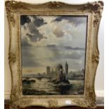 Robin Goodwin (1909 - 1997) 'Thames at Westminster', signed, oil on canvas, in carved gilt frame, 50