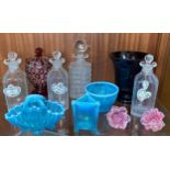 A small collection of assorted glass items including three items of blue Vaseline glass, various