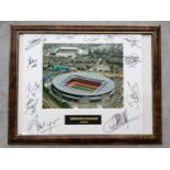 Arsenal FC 2006-07 Interest. Aerial view of Emirates Stadium, signed to the mount by 12 including