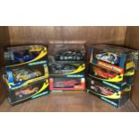 Nine Scalextric slot cars including Williams FW 20 special edition, Porsche 911, Renault Megane