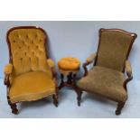 A Victorian stained walnut open armchair, with green button-back fabric upholstery, together with