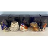 Five Royal Crown Derby paperweights modelled as birds, comprising 'Little Owl', 'Little Grey