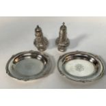 A pair of foreign silver oval dishes with cast and engine turned decoration, 14cm, together with a