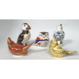 Five Royal Crown Derby paperweights modelled as birds, including 'Wise Owl', 'Puffin', 'Red