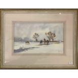 Richard Joicey (20th century) 'Winter Feeding', signed, watercolour, mounted, glazed and framed.