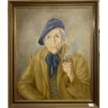 Christine Benson, portrait of a Frenchman wearing a beret and blue silk bow tie smoking a pipe,