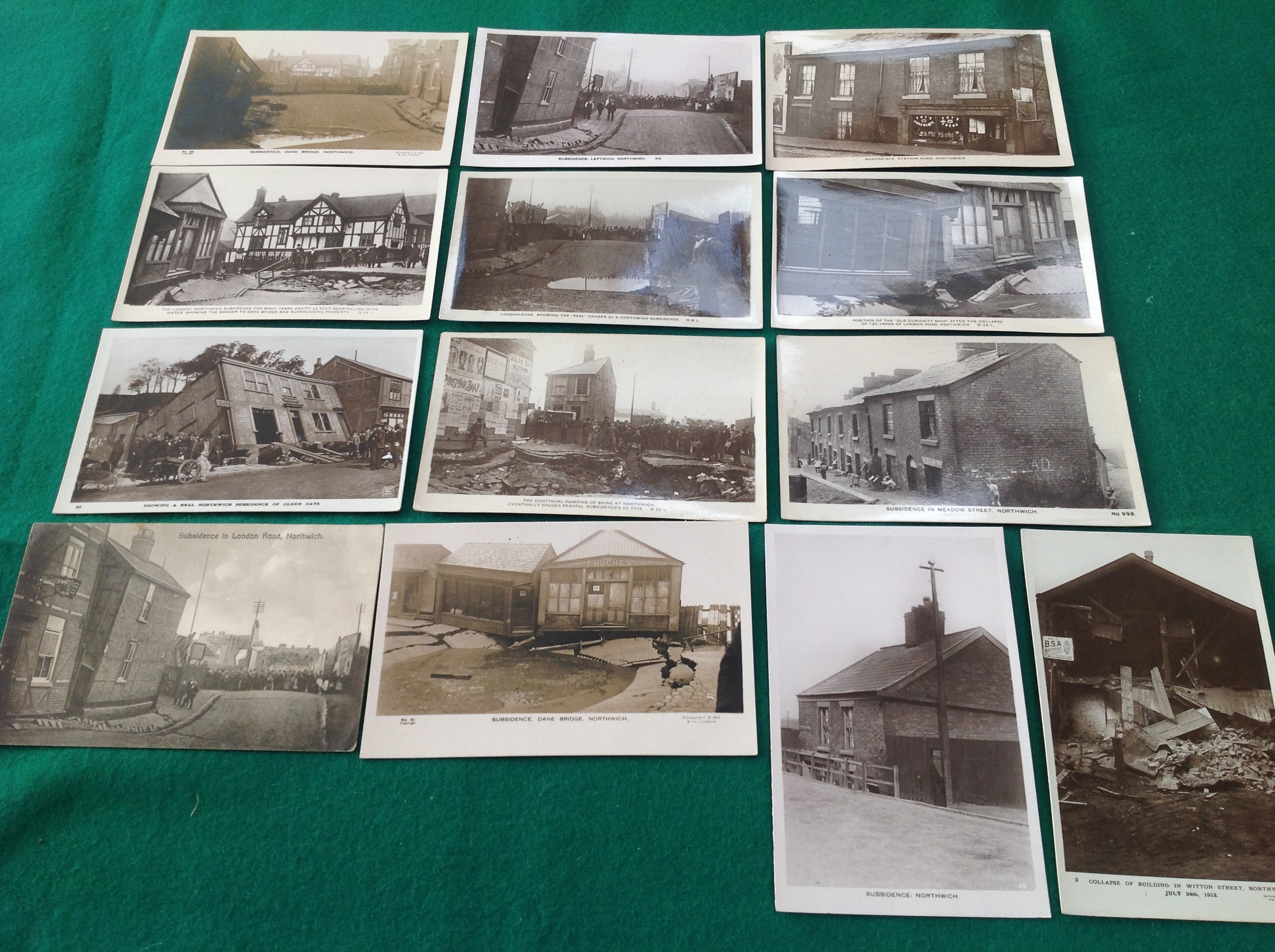 Some 13 cards of the subsidence which caused devastation in Northwich, Cheshire, c1912.Twelve are