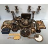Various silver-plate including a pair of twin-light candelabra, 3-piece tea set, trays, tureen &