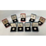 A collection of seven Royal Mint silver proof one pound coins and two piedfort Royal Mint silver