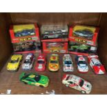 Six boxed SCX / Matchbox slot cars comprising Peugot 406, Subaru Impreza WRC, Volvo 850T, Ferrari