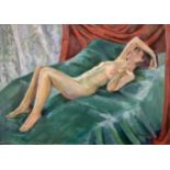 Patricia Starkey (British/Southsea 1932-2021), Female nude reclining on a green bed with red