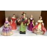 Five Royal Doulton porcelain figures including 'Sweet Lavender' HN1373, 23cm high (hat repaired),