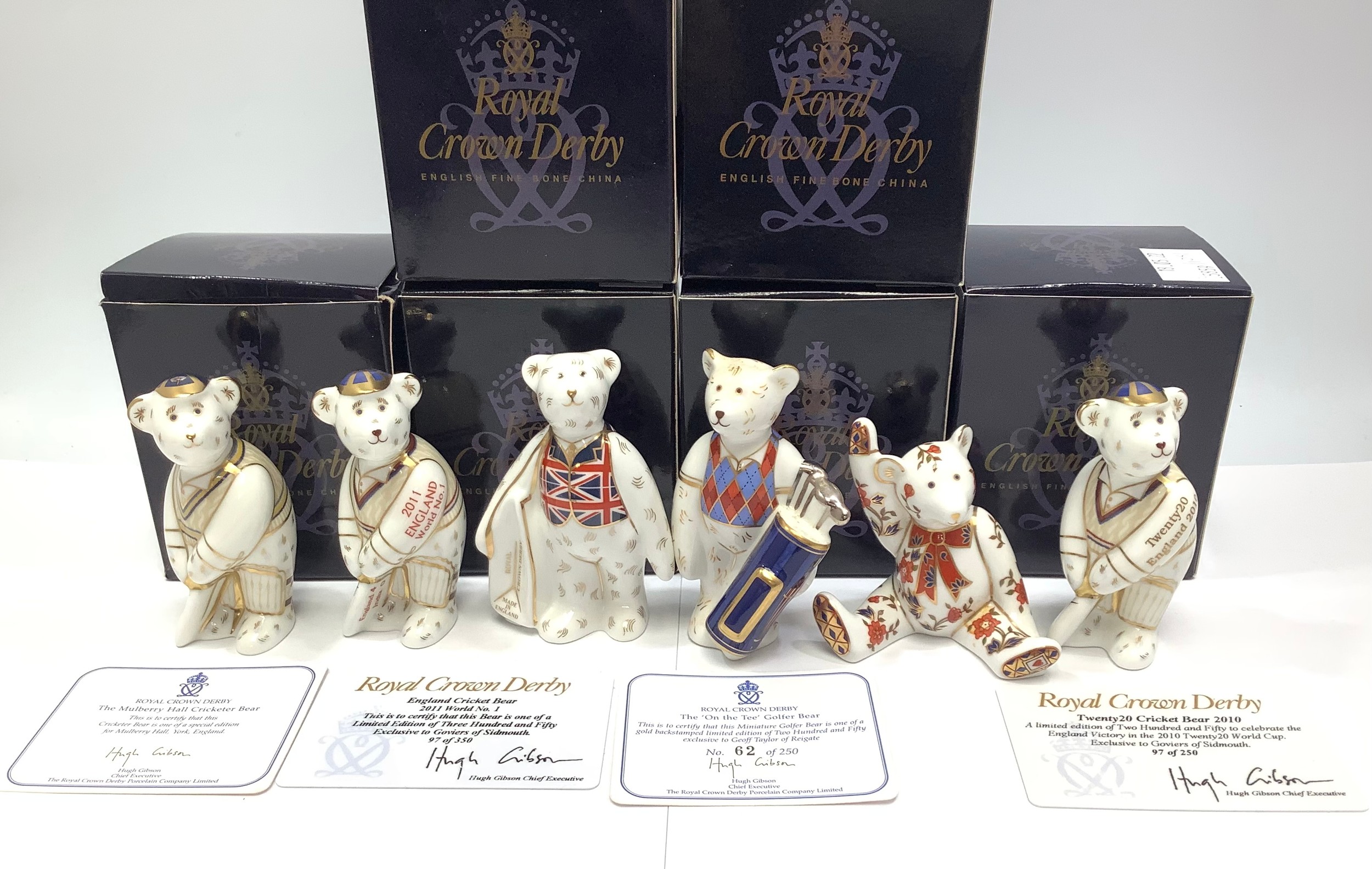 Six Royal Crown Derby bears comprising 'Twenty20 Cricket Bear 2010', limited edition 97/250, with