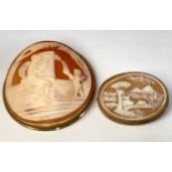 A circular shell-carved cameo brooch, classical scene of Venus and cupid in 18ct gold mount,