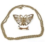 A 9ct gold butterfly brooch together with a 9ct gold rope-twist necklace chain etc. total weight 5.