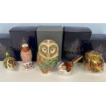 Five Royal Crown Derby paperweights modelled as birds comprising 'Athena Owl' 'Firecrest', '