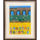 Gordon Barker (Contemporary) Beach scene with figures and a train, signed, acrylic, mounted,