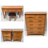A contemporary five-piece oak bedroom suite comprising a chest of two short, over four long