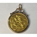 A 1906 full gold sovereign, in a 9ct plain pendant mount, weighs 9.3 grams in total.