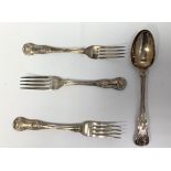 Three Georgian kings pattern silver forks by Francis Higgins II, hallmarked London, 1818, together