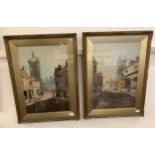 P. Wood. A pair of continental street studies with churches and figures, signed, oil on panel,