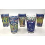 Five circa 1900 German Fritz Heckert multicolour flashed glass cut and gilt decorated drinking