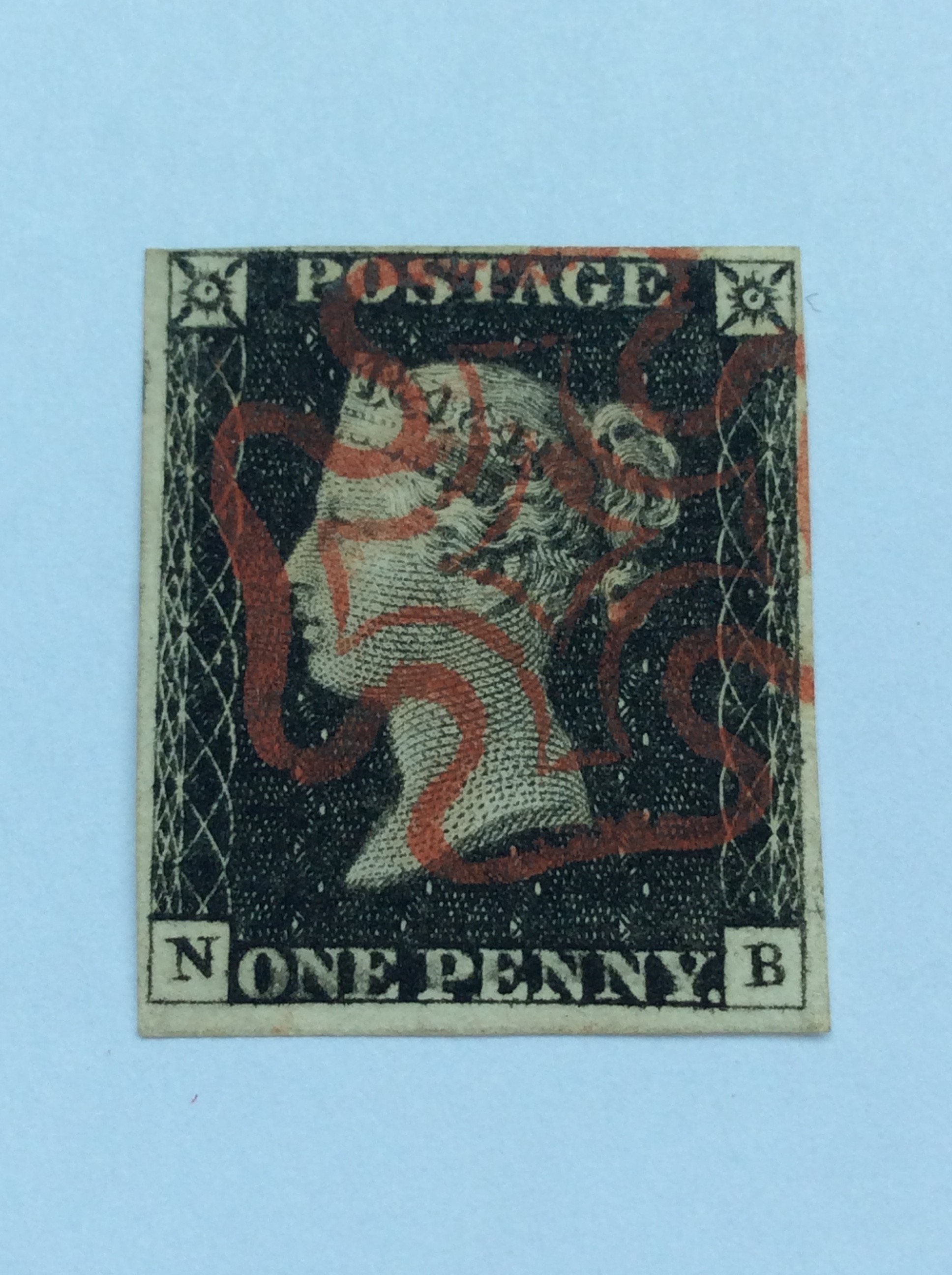 Stamps. GB QV 1d black, NB, fine used, 4 margin, red MX, SG2