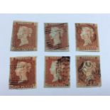 Stamps. GB QV, 6x 1d red-brown, all fine used with 4 margins, AB, RB very blue paper, CF worn plates
