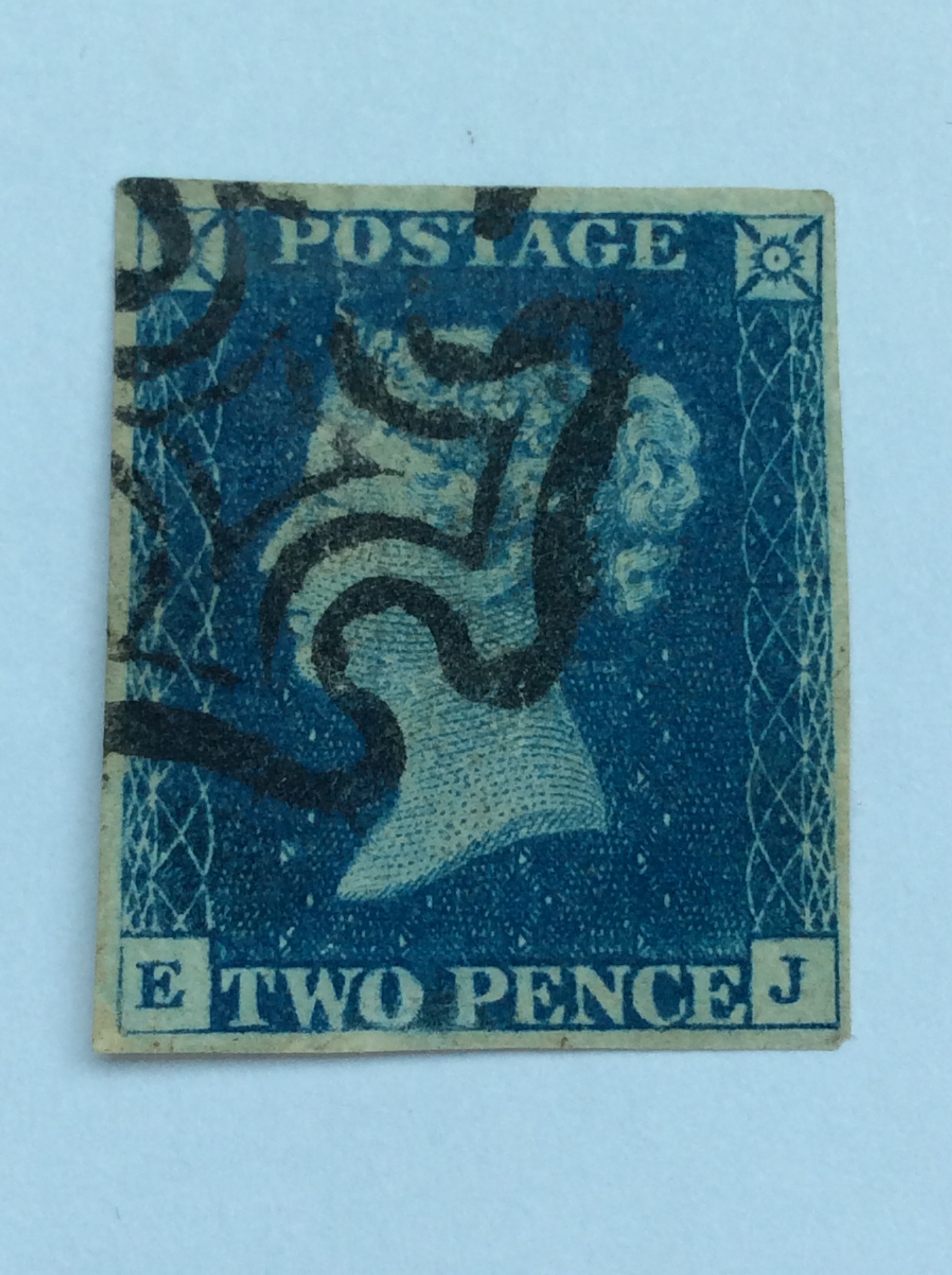 Stamps. GB QV, 2d blue, EJ, fine used, 4 good margins, black MX, SG5