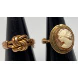 A 9ct yellow gold cameo ring, together with a 9ct gold knot ring.