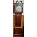 A 19th century mahogany long-case clock with swan-neck pediment (af), silvered dial with applied