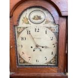 A 19th century oak long-case clock with swan-neck pediment, brass eagle finial, arched door