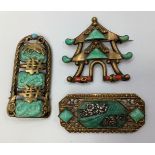 Three 1930s gilt metal Chinese style brooches probably by Max Neiger (brothers), the first an open