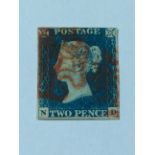 Stamps. GB QV, 2d blue, ND, fine used, 4 margins, double red MX, , SG5