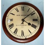 A circular wooden cased wall clock, cream enamel dial with roman numerals, marked 'Geo.L Andrews