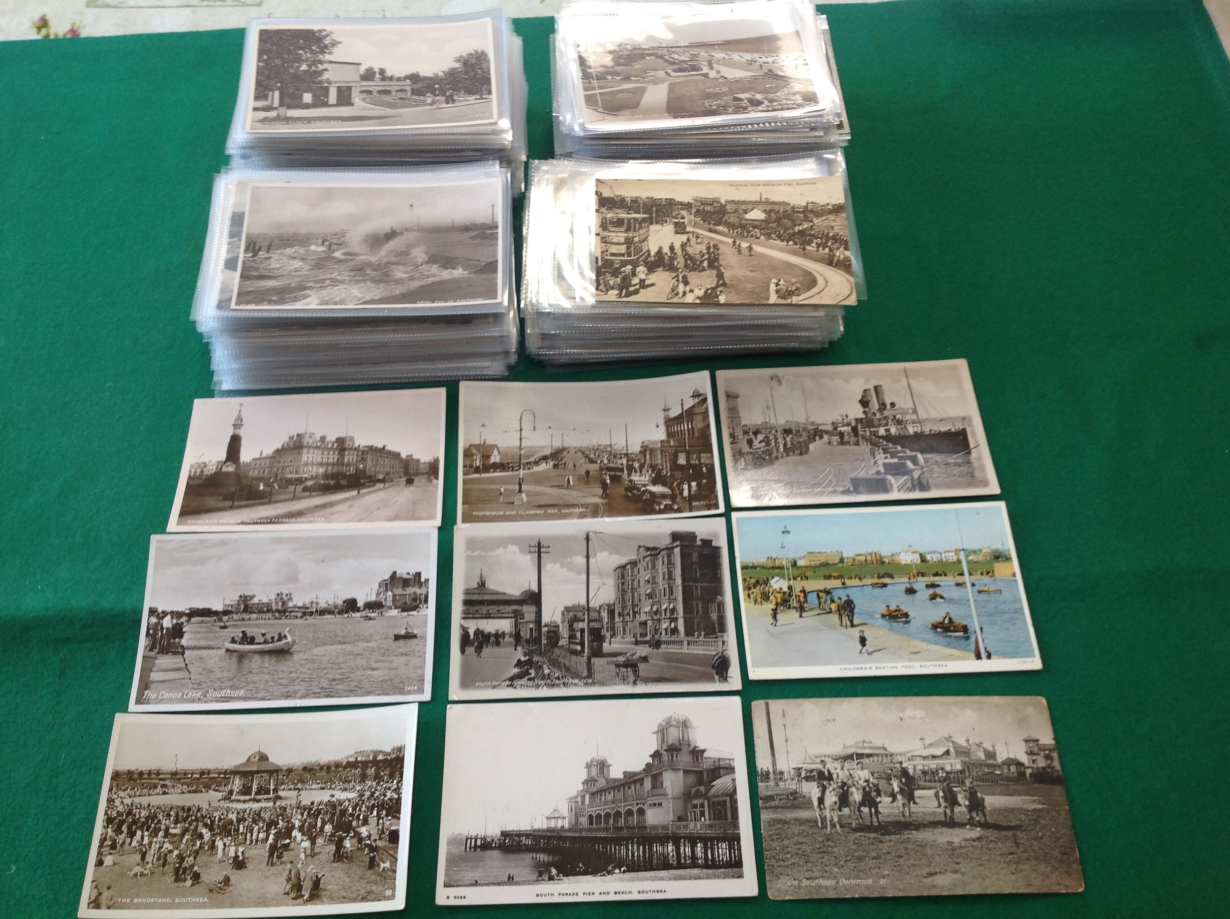 Approximately 400 standard-size postcards of Southsea, all in individual plastic sleeves. A fine