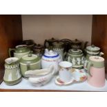 A collection of assorted green and white Carlton Ware, Jasper Ware cameo style items, including