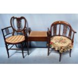 A Victorian parlour chair with turned supports and heart-shaped back together with another tub-