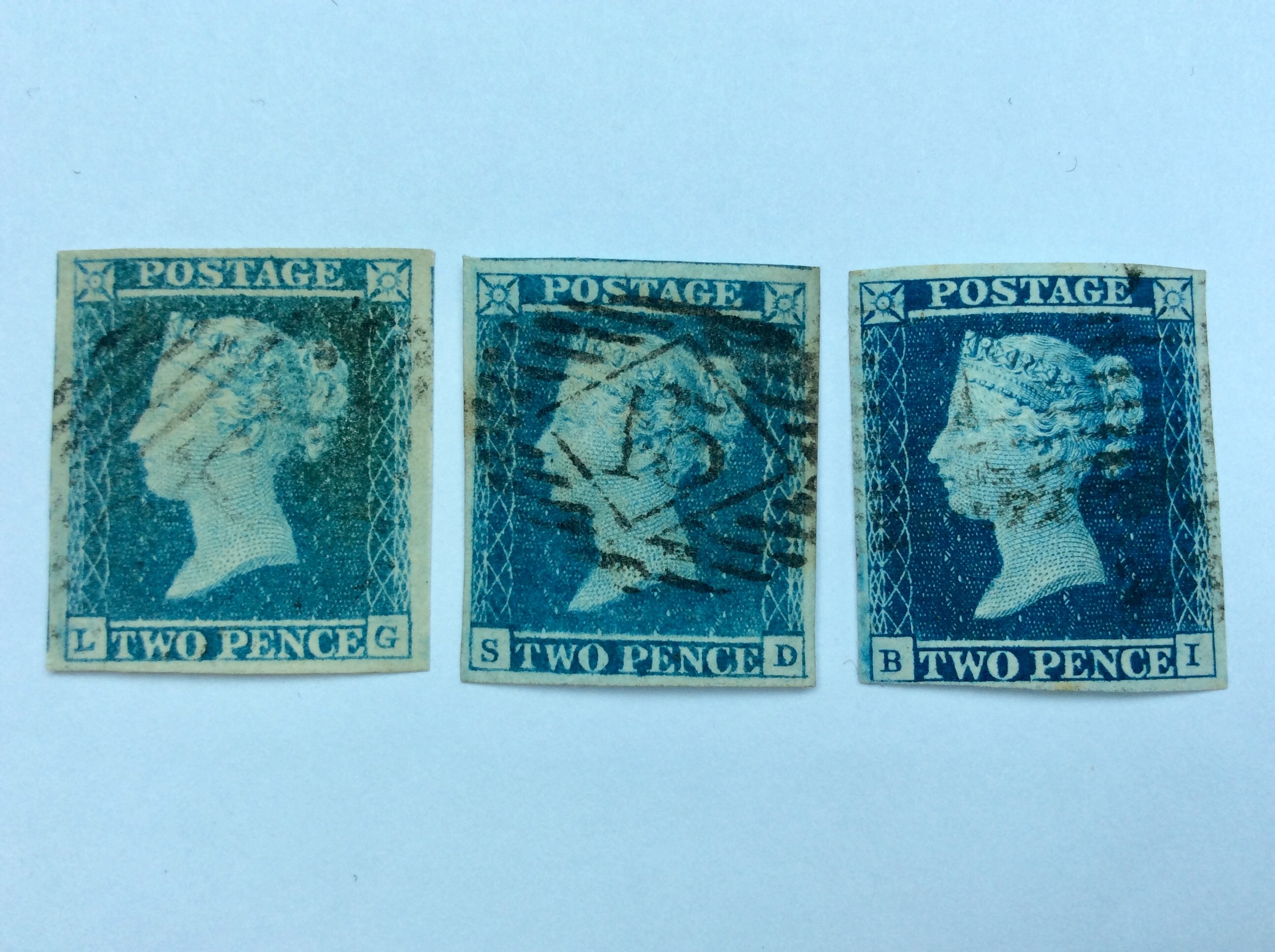 Stamps. GB QV, 3x 2d blue SG14 with 4 margins, fine used, LG, SD with London '15' PM, BI deep full