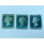 Stamps. GB QV, 3x 2d blue SG14 with 4 margins, fine used, LG, SD with London '15' PM, BI deep full