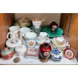 A collection of assorted mixed ceramics comprising Wedgwood cabbage leaf plates, a small pair of red