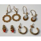 Four various pairs of 9ct gold earrings, total weight 4.6 grams.