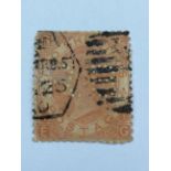 Stamps. GB QV, 1867-80, SG121 Two Shillings brown, used, 'perfins' 'RB' initials, duplex