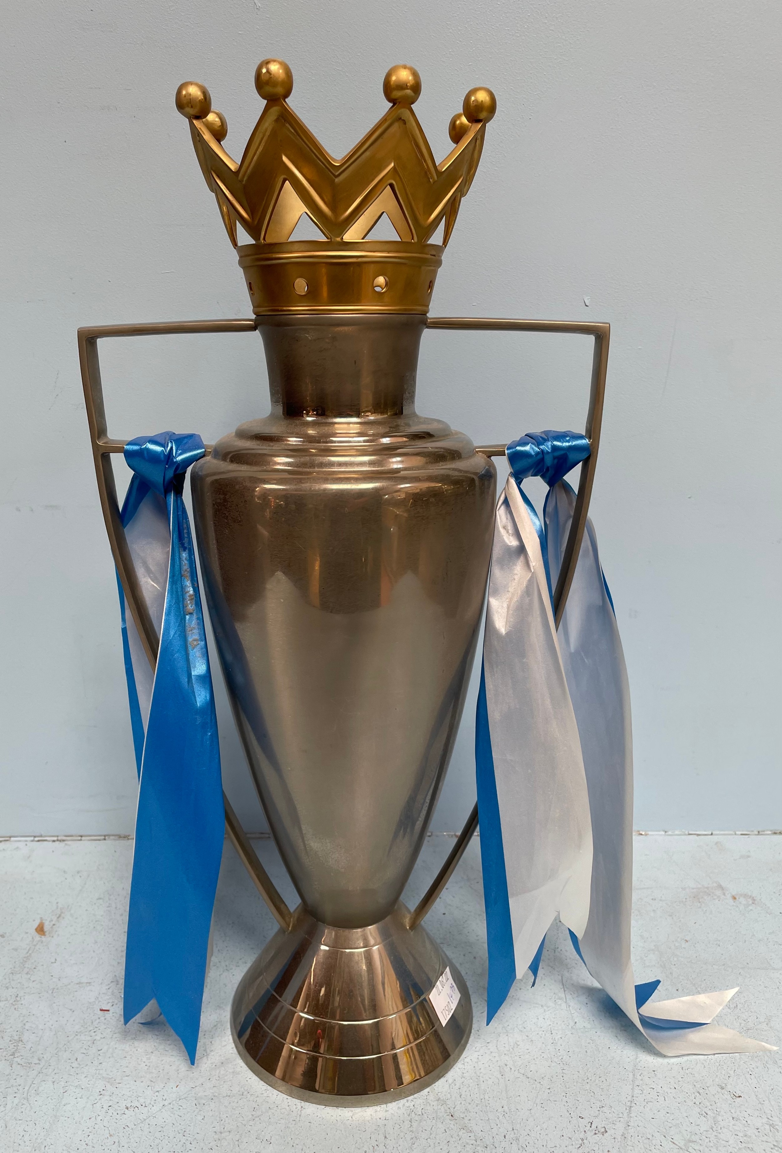 A replica white metal Premier League Cup trophy with gold coloured crown, 50cm high