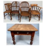 An antique pine scrub-top square dining table, with single frieze drawer, raised on turned and