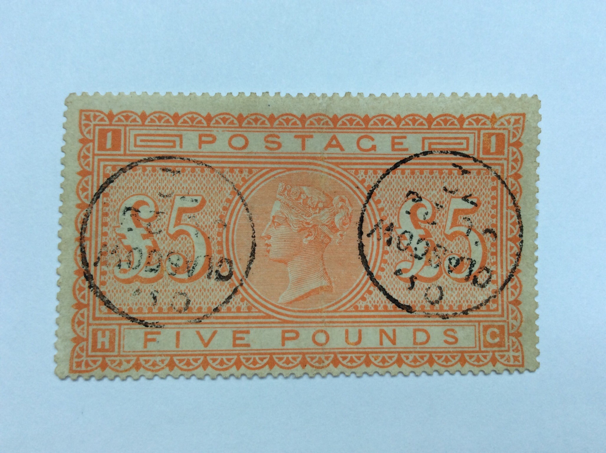 Stamps. GB QV, Five Pounds orange, sg137, fine used, duplex cancellation Glasgow, slight hinge mark