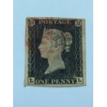 Stamps. GB QV, 1d black, LL, fine used, 4 margins, light red MX, SG2