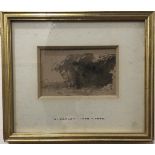 Attributed to John Varley (1778-1842), sepia landscape sketch, 7x12cm, mounted, glazed and framed