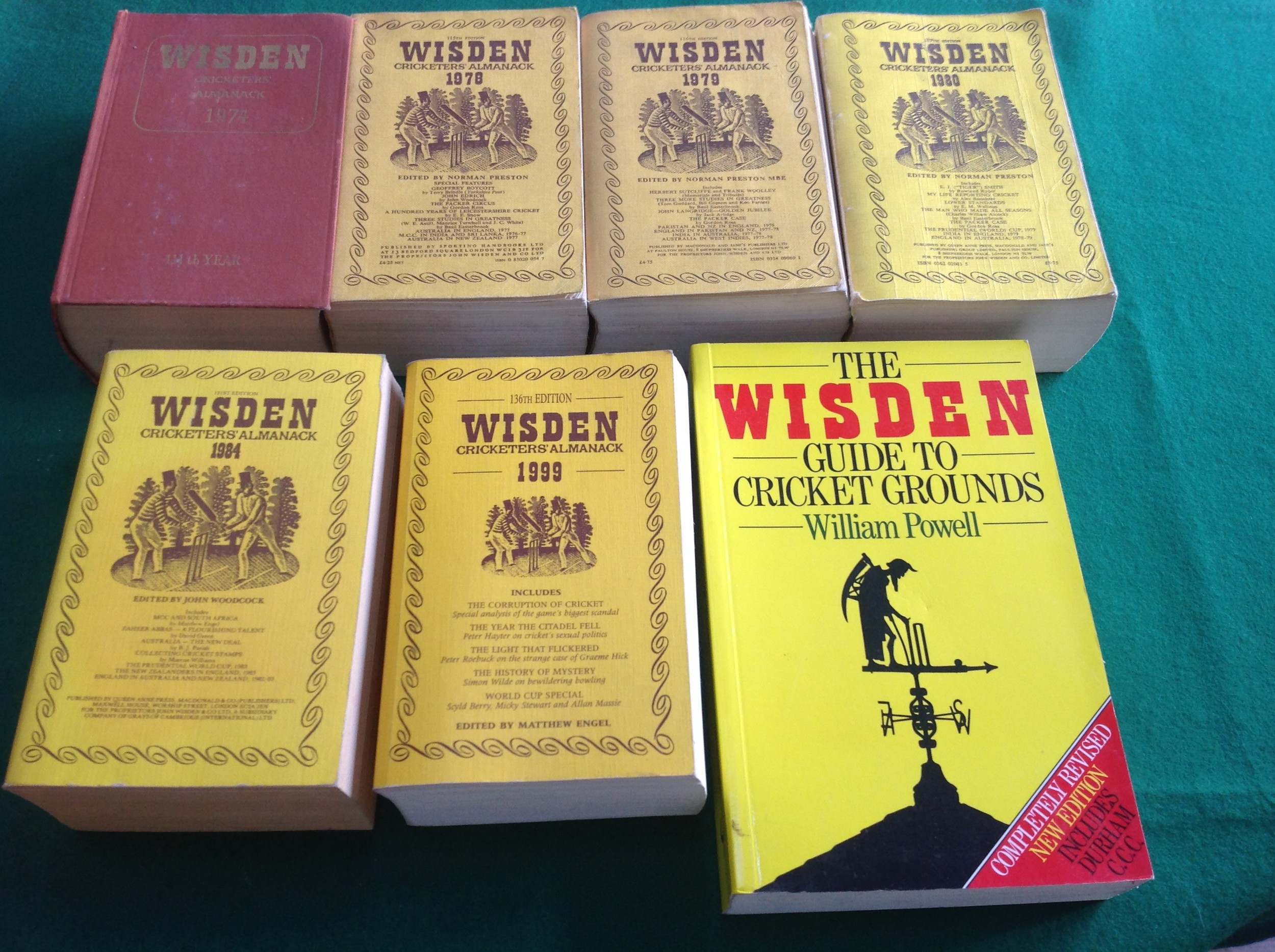 Seven Wisden cricket books - one Wisden Guide to Cricket Grounds by William Powell (1992) and six